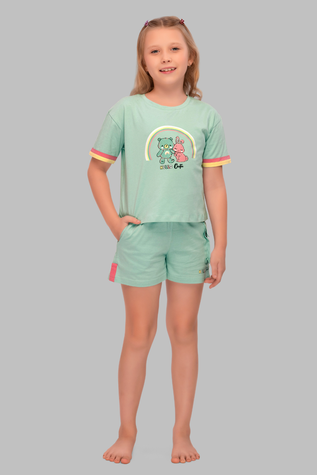 Teal Bunny and Teddy Shorts Set For Girls
