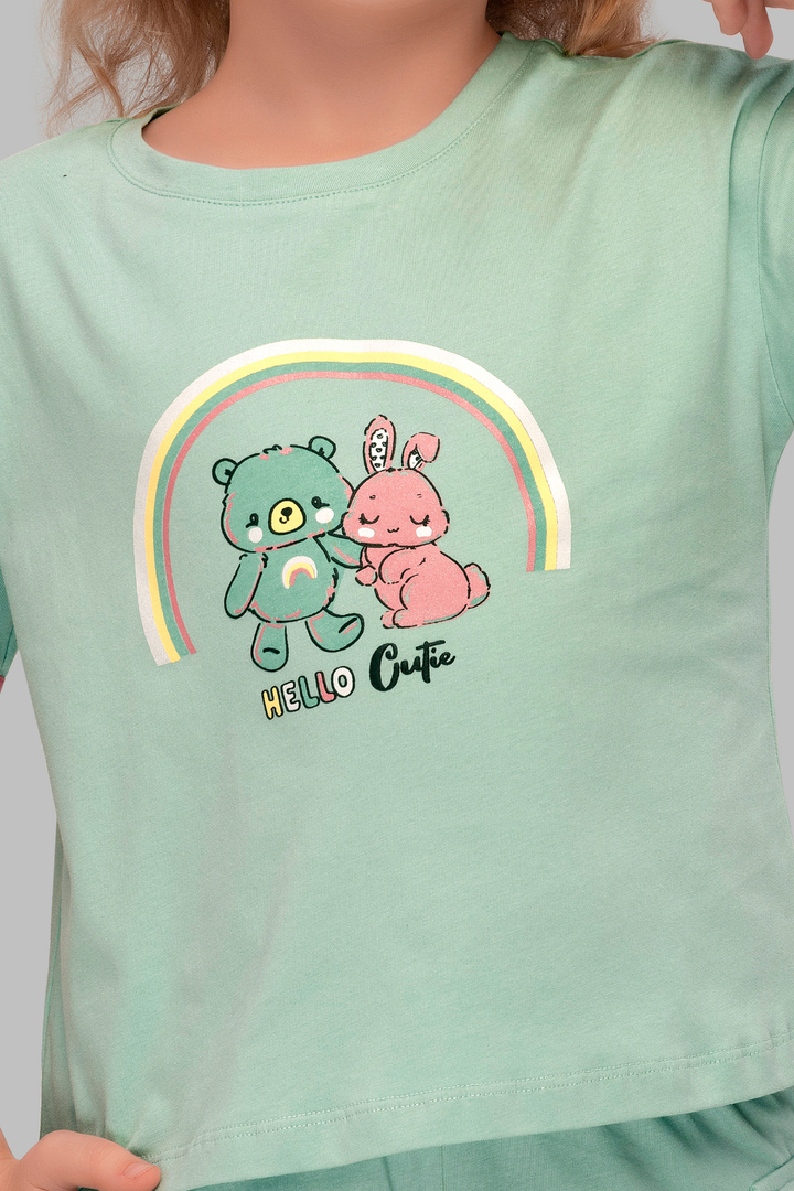 Teal Bunny and Teddy Shorts Set For Girls