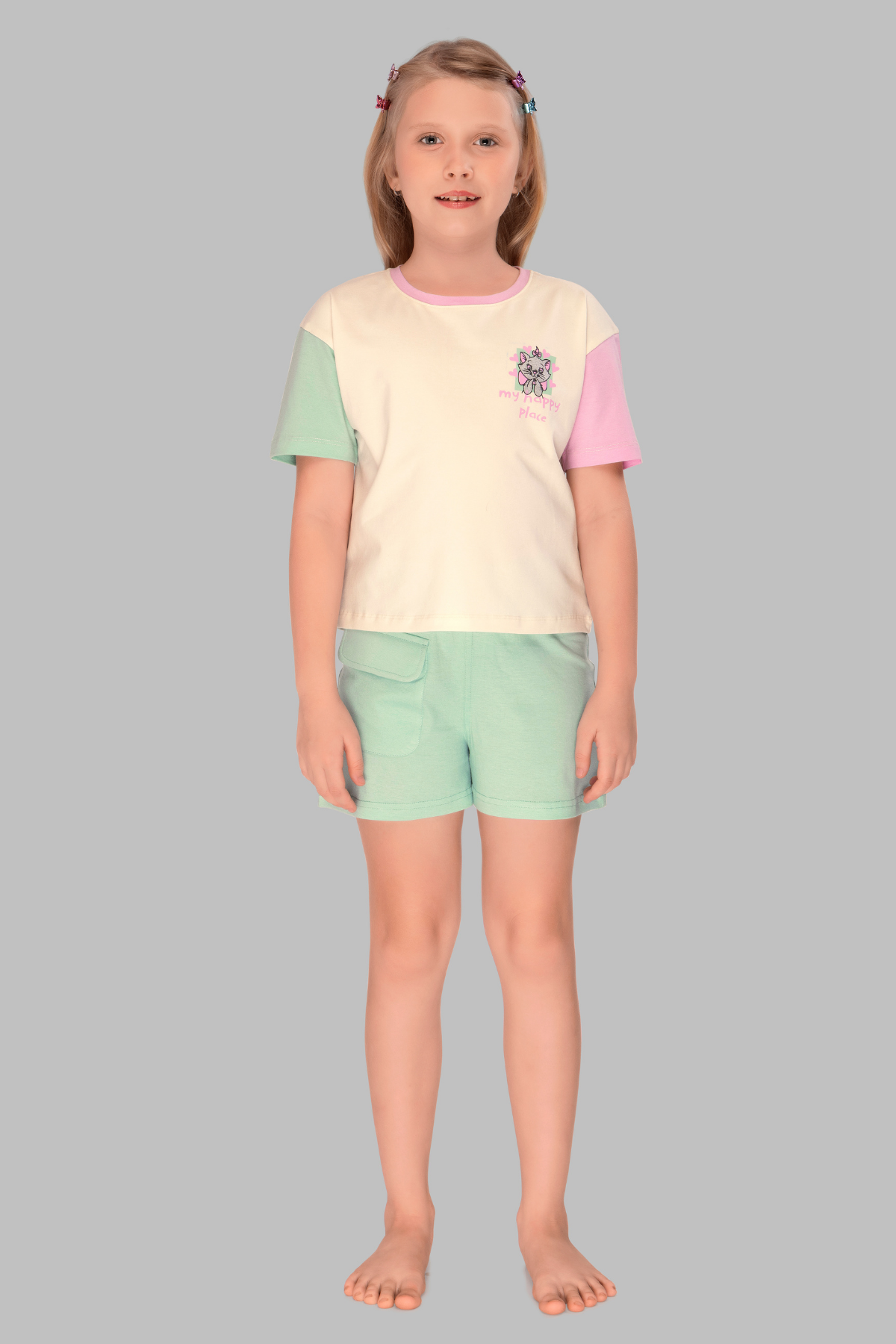 Pastel Colour Blocked Kitty Shorts Set For Girls