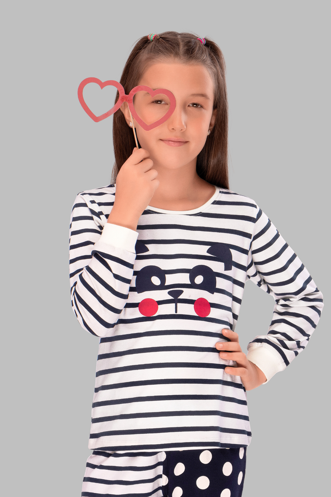 Polka Dot Stripes Cozy Nightsuits Top Pajama Set For Girls