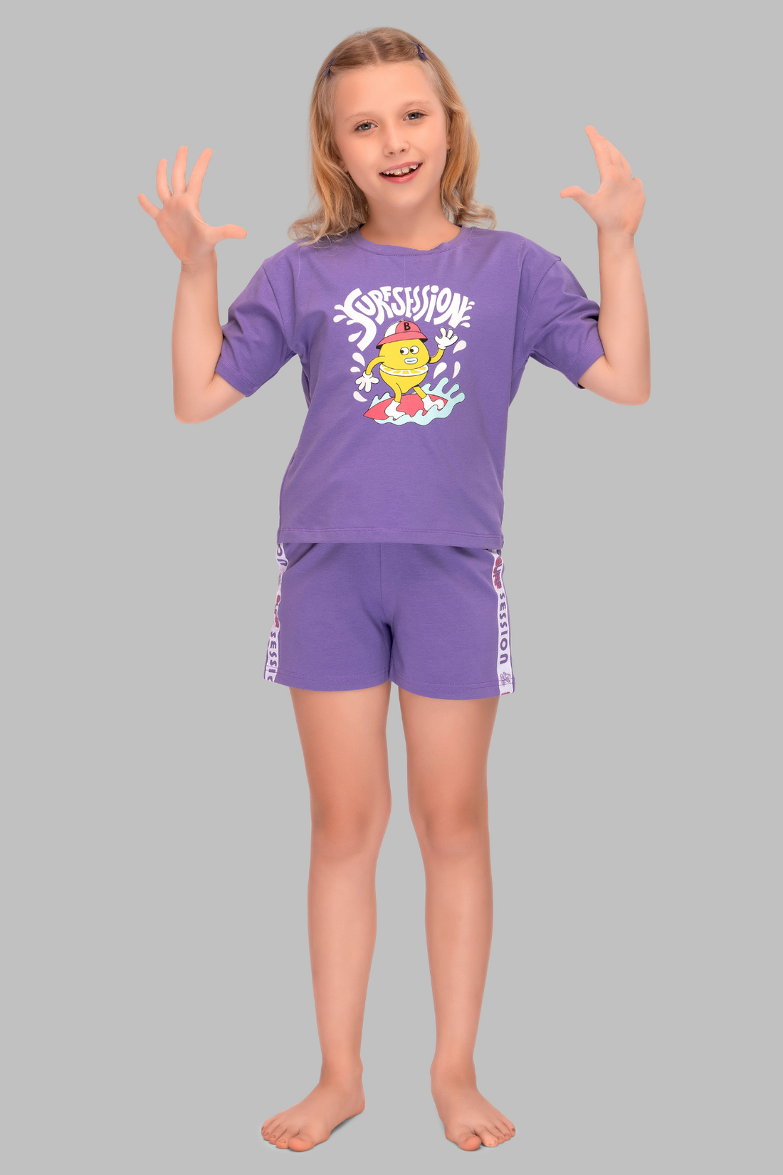 Purple Printed Shorts Set For Girls