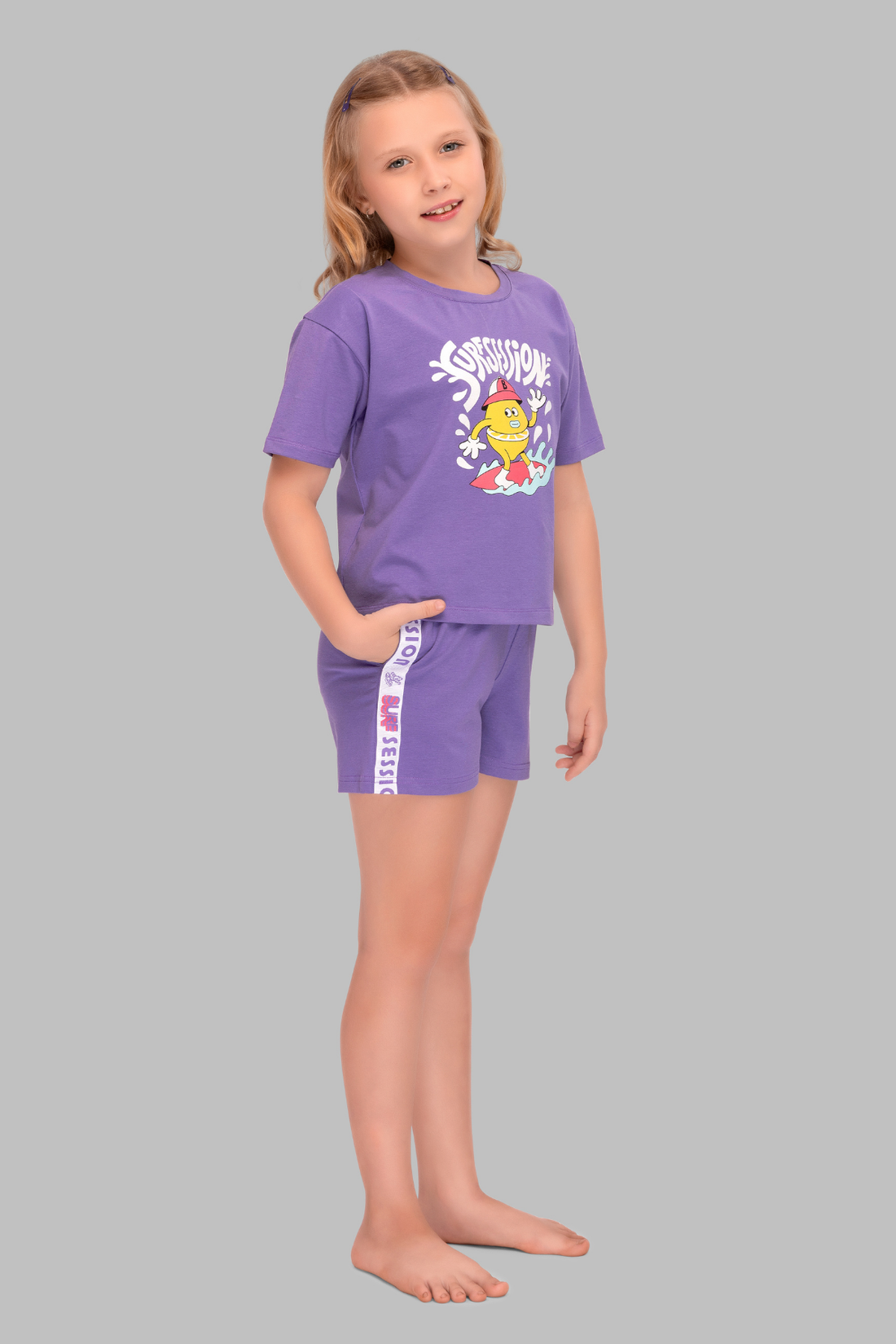 Purple Printed Shorts Set For Girls