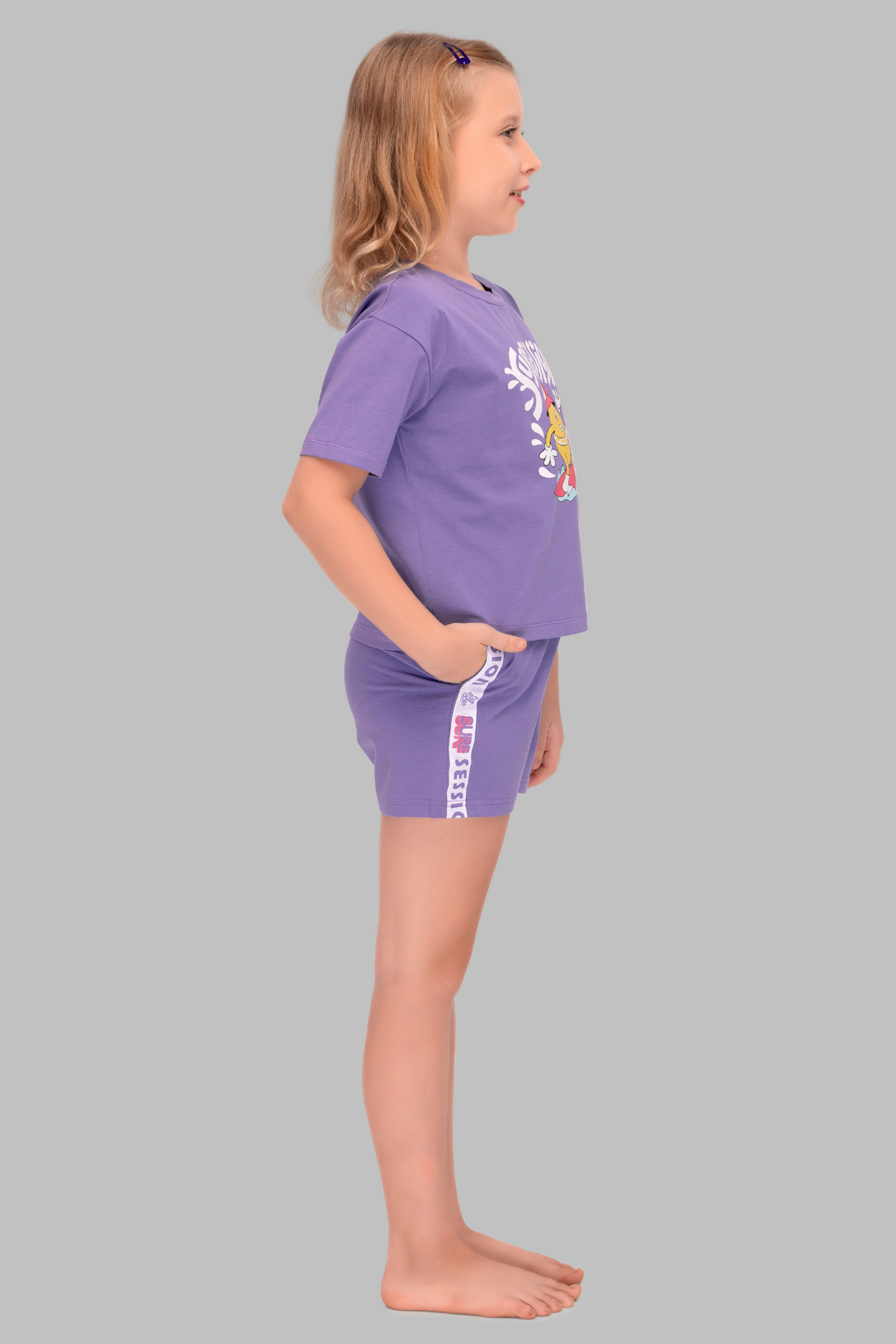Purple Printed Shorts Set For Girls