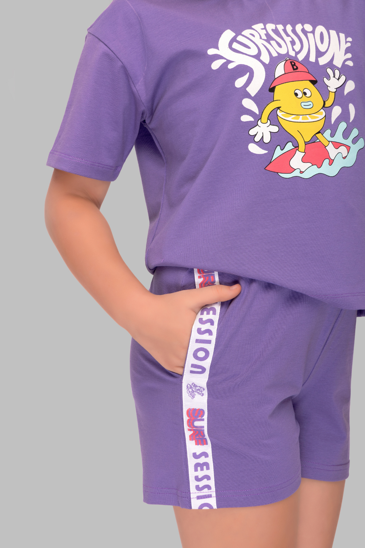 Purple Printed Shorts Set For Girls