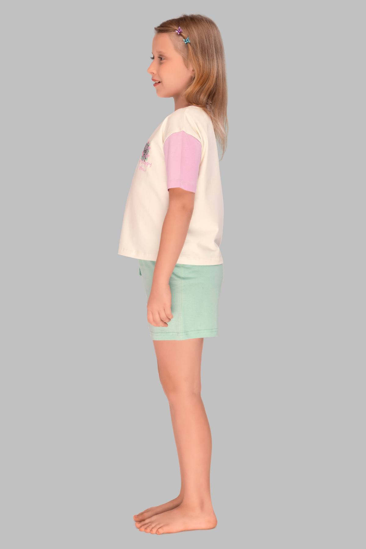 Pastel Colour Blocked Kitty Shorts Set For Girls
