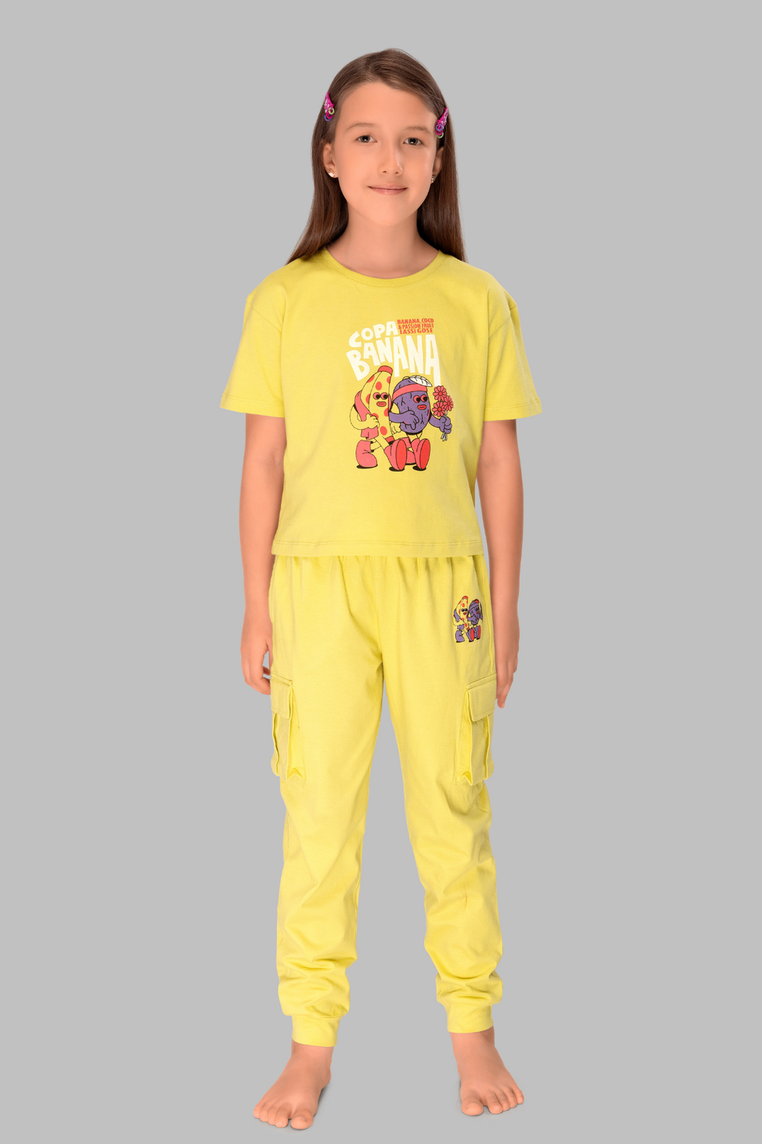 Yellow Banana Print Jogger Set for Kids - Cute Night Suit for Girls