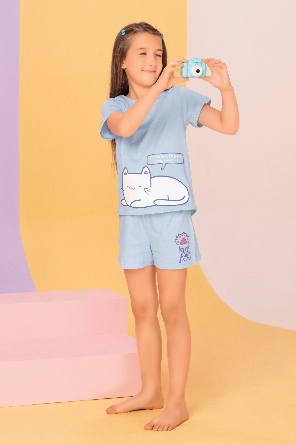 Lazy Kitty Shorts Set For Girls