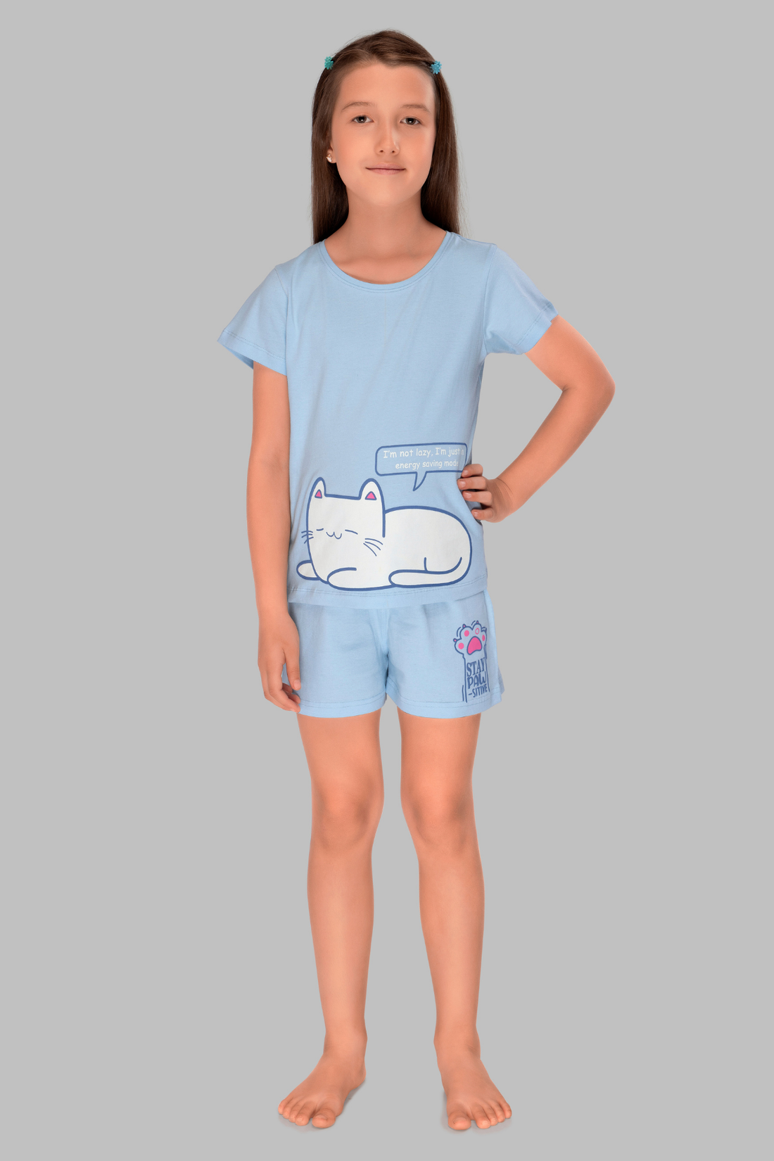 Lazy Kitty Shorts Set For Girls