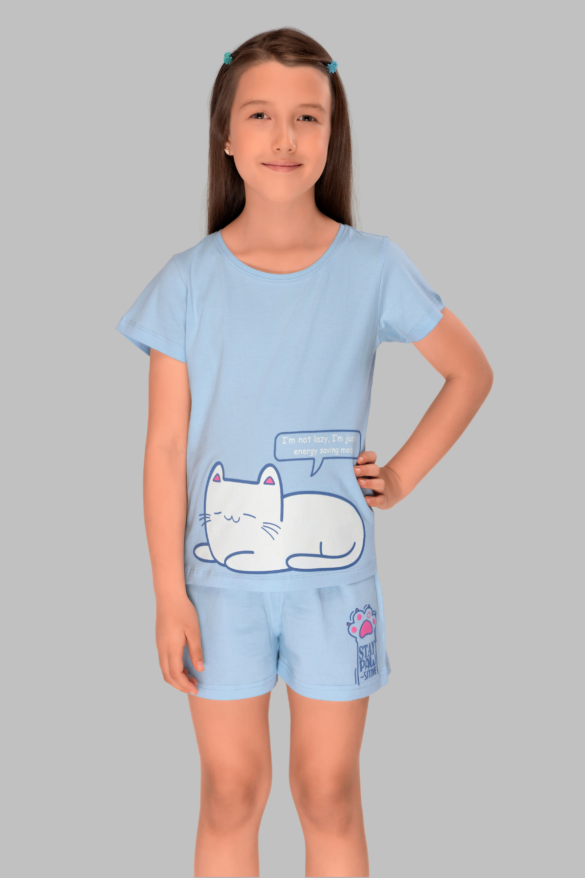 Lazy Kitty Shorts Set For Girls