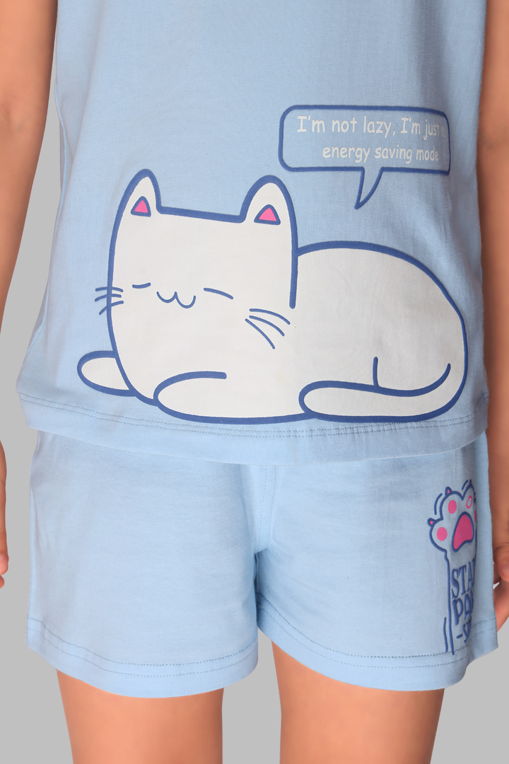 Lazy Kitty Shorts Set For Girls
