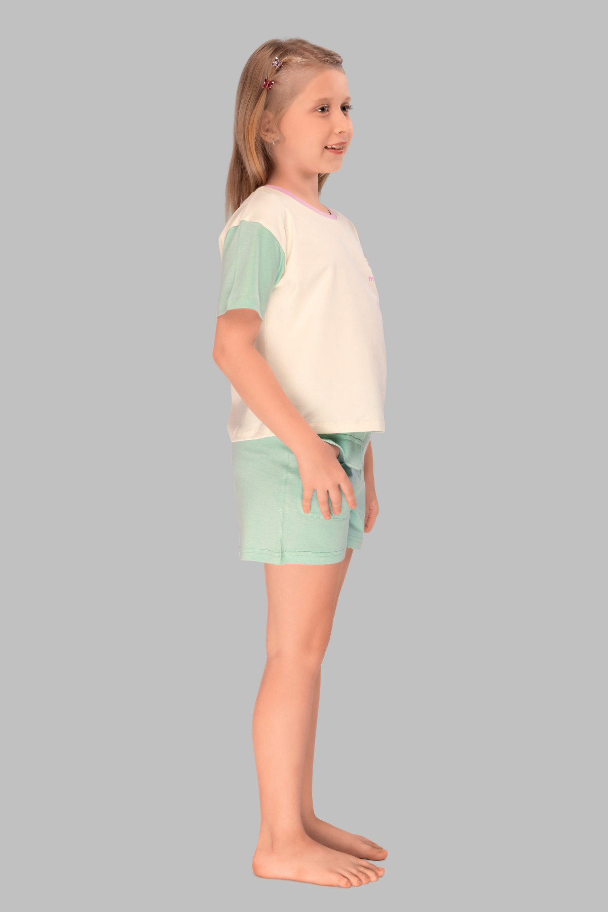 Pastel Colour Blocked Kitty Shorts Set For Girls
