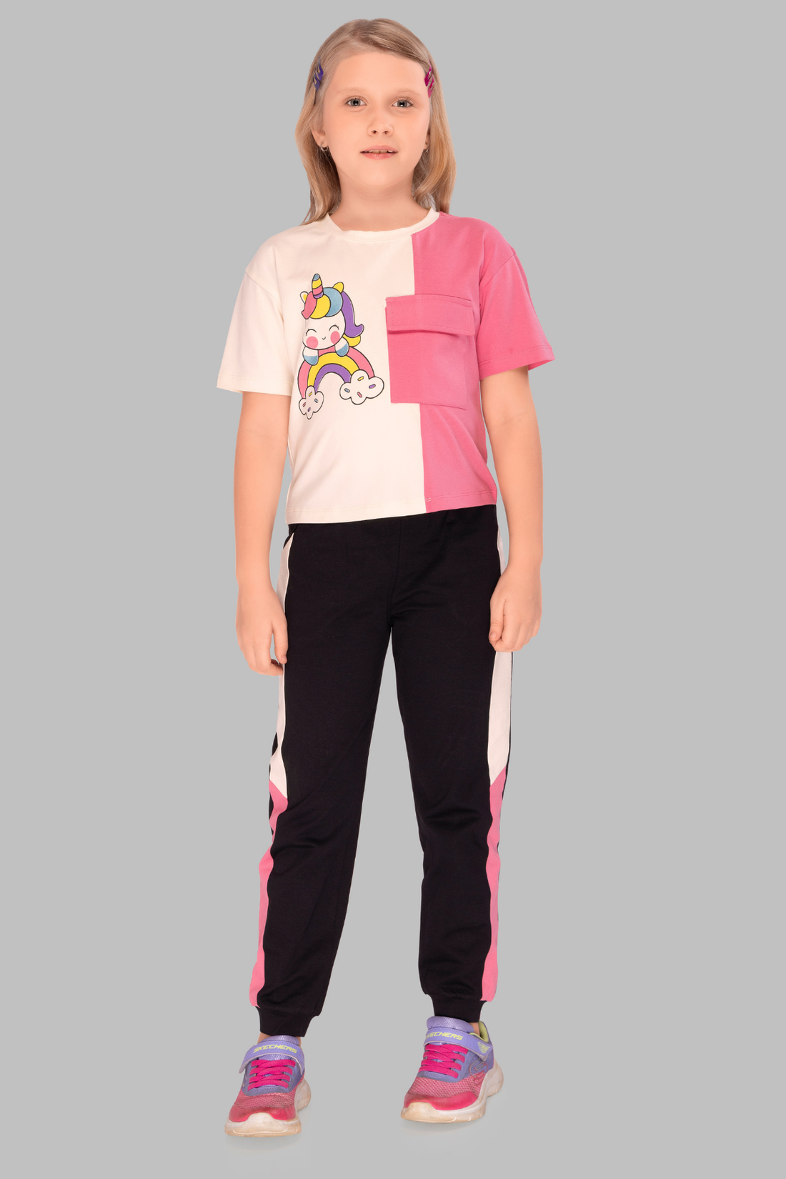 Unicorn Print Colour Block Top And Joggers Sets JG 25021