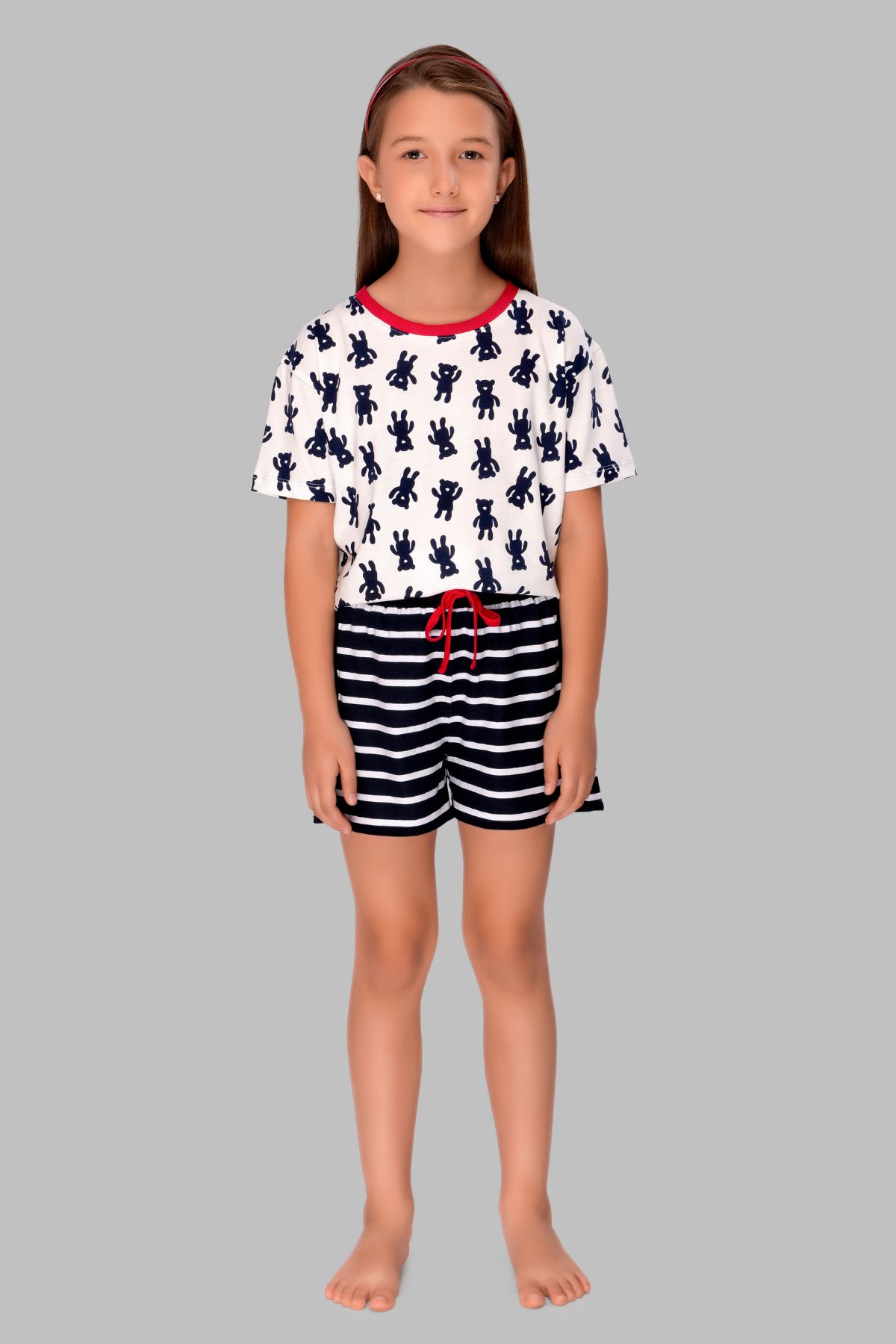 Navy Blue Striped Shorts Set For Girls