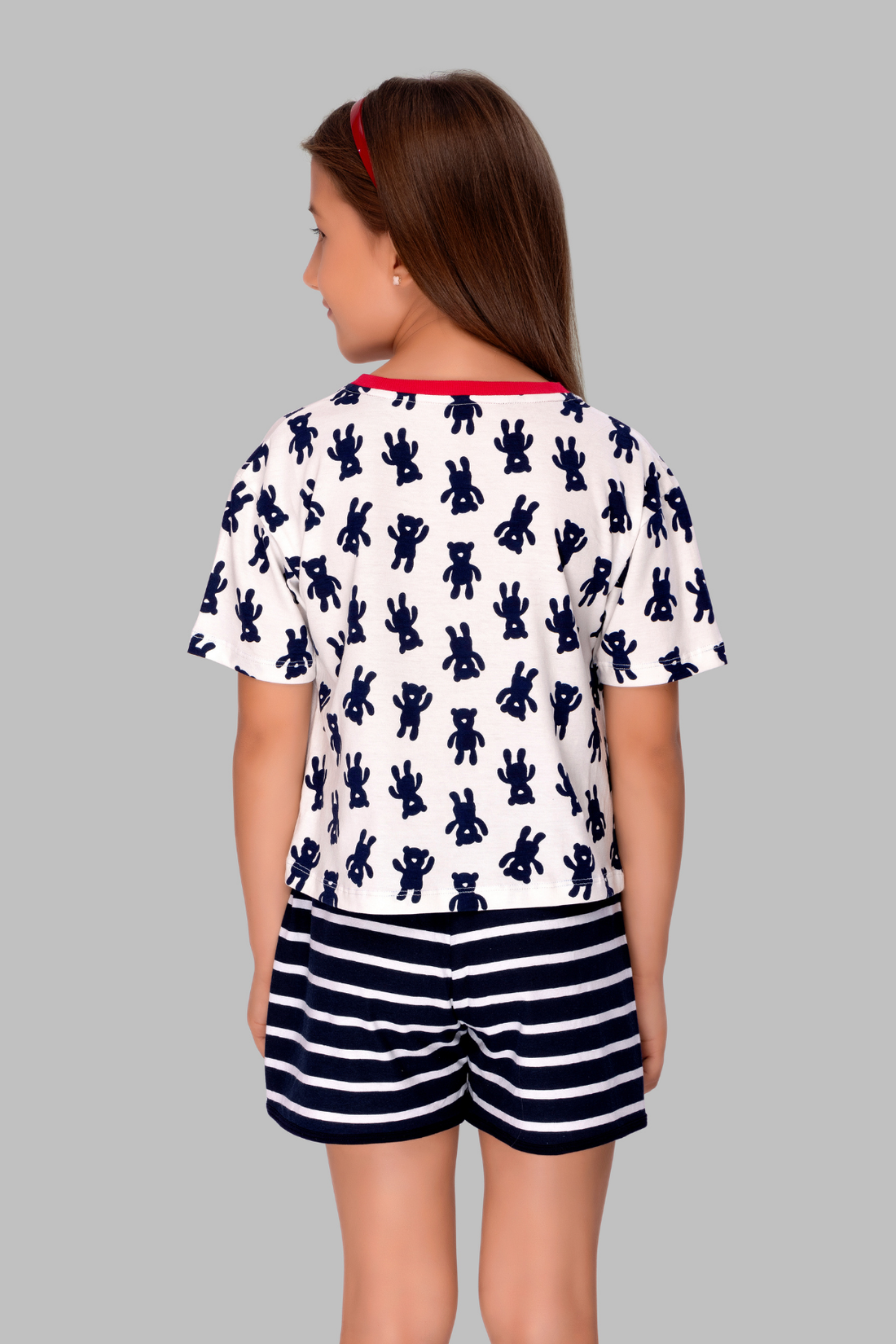 Navy Blue Striped Shorts Set For Girls