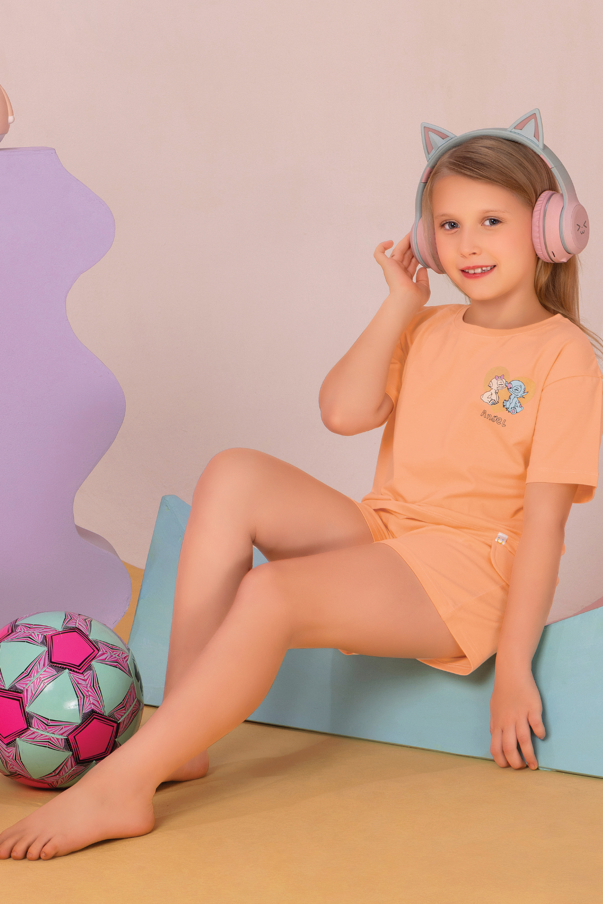 Solid Pastel Peach Shorts Set For Girls