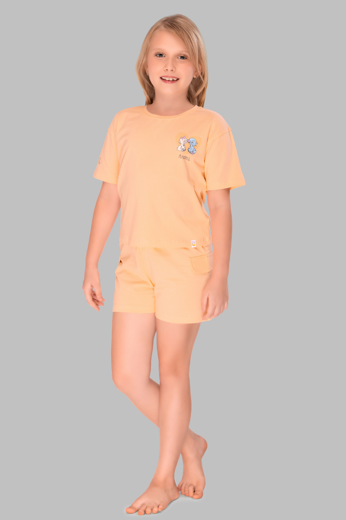 Solid Pastel Peach Shorts Set For Girls