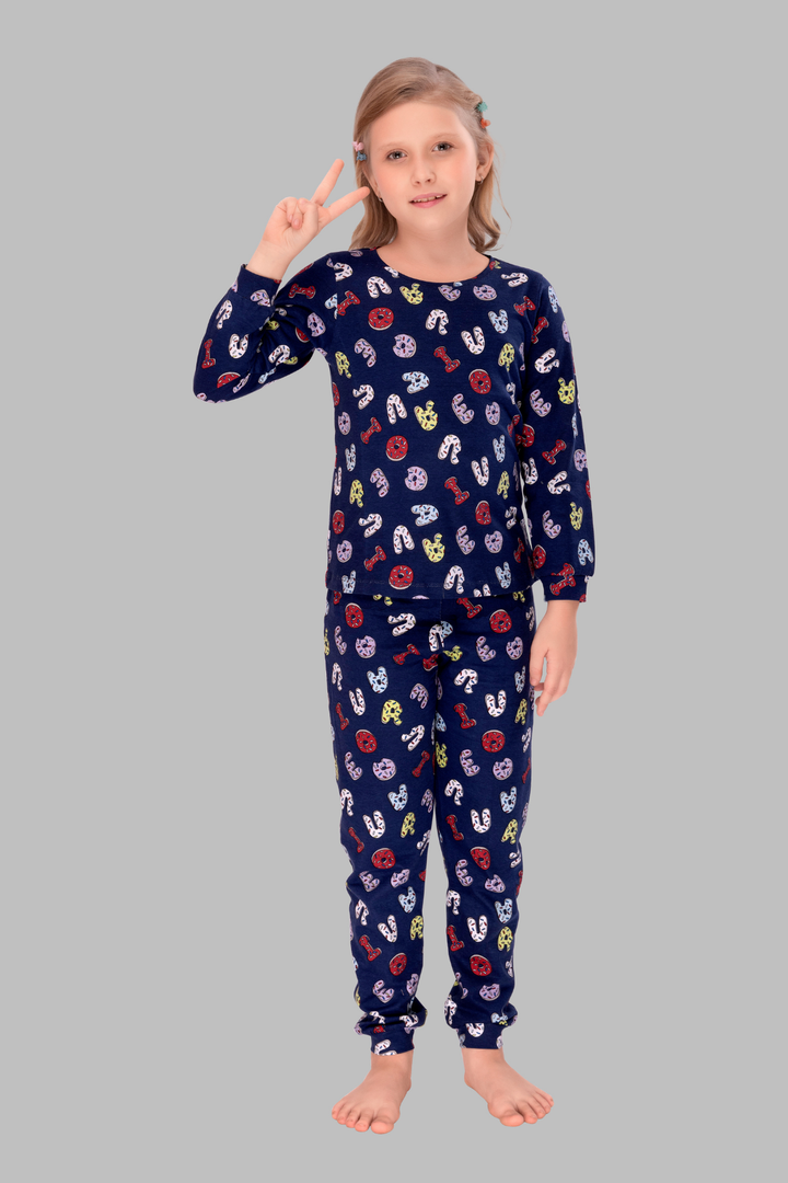 Navy Blue Alphabets Fun Cozy Set Top Pajama Set For Girls