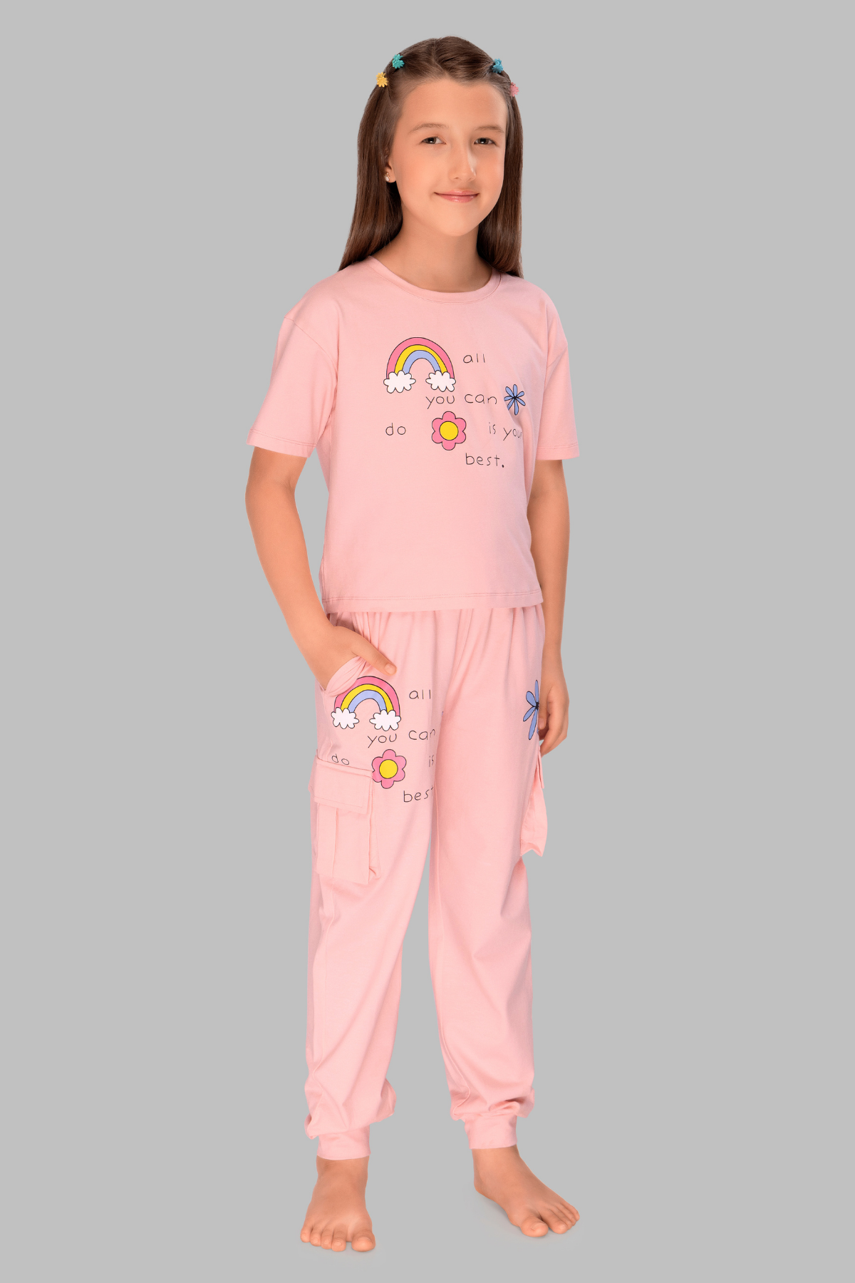 Light Print Top And Cargo Joggers Sets For Girls