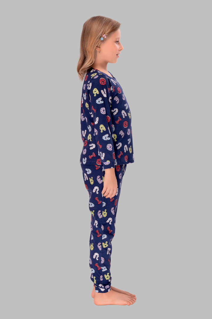 Navy Blue Alphabets Fun Cozy Set Top Pajama Set For Girls