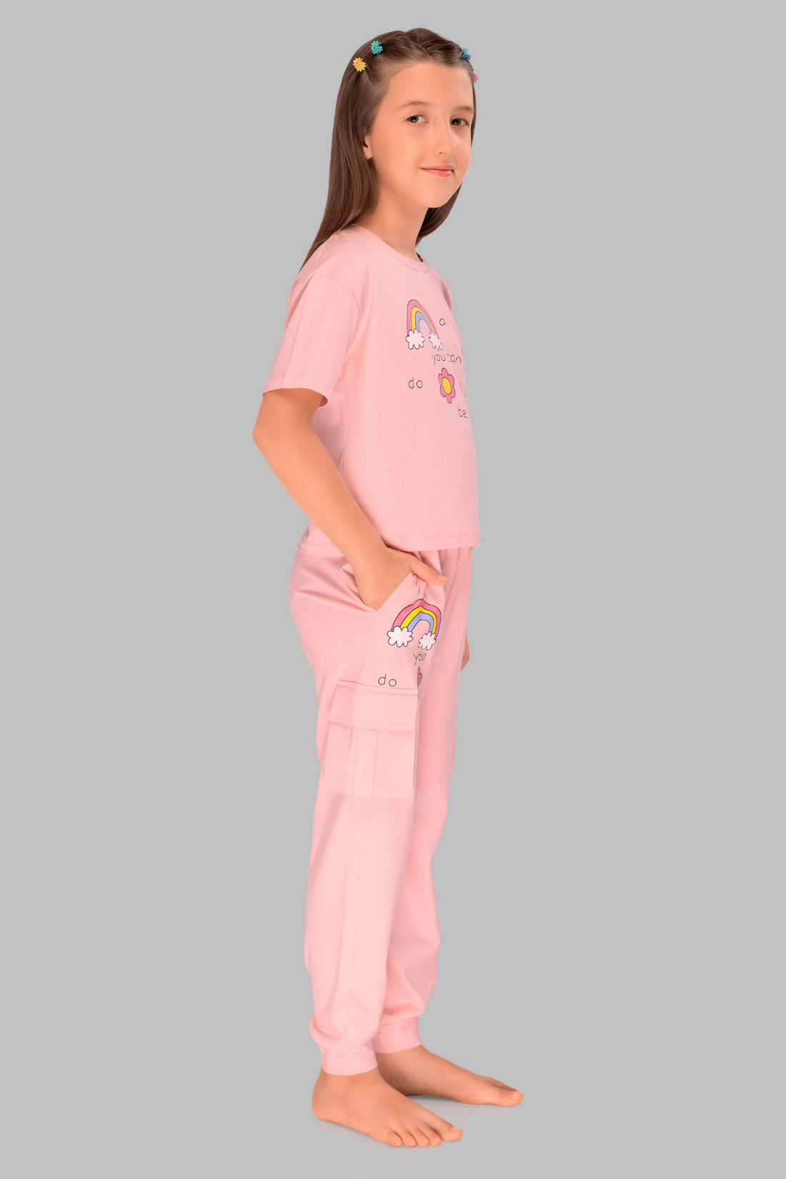 Light Print Top And Cargo Joggers Sets For Girls