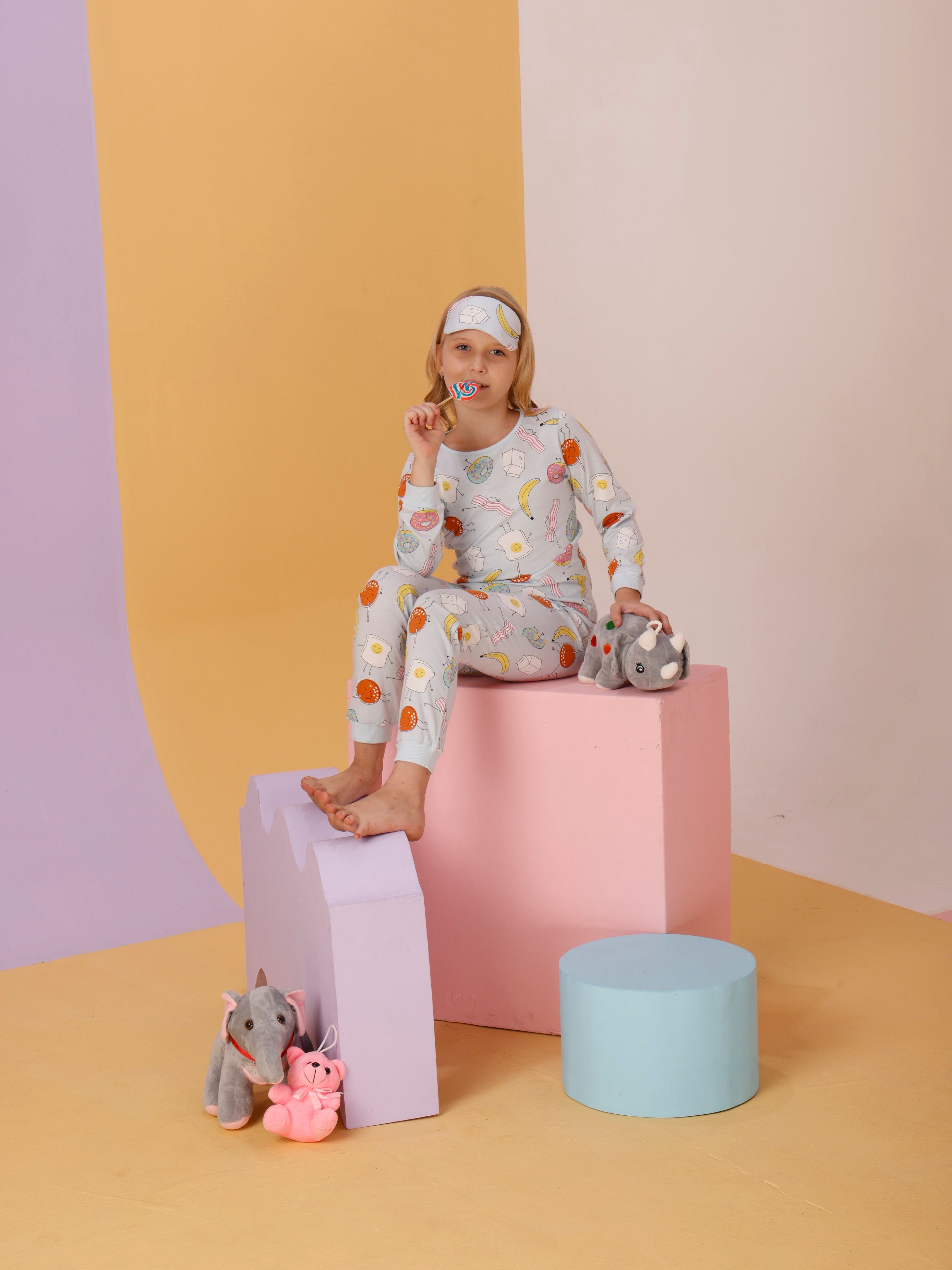 Fruit Doughnuts Cozy Nightsuits Top Pajama Set For Girls