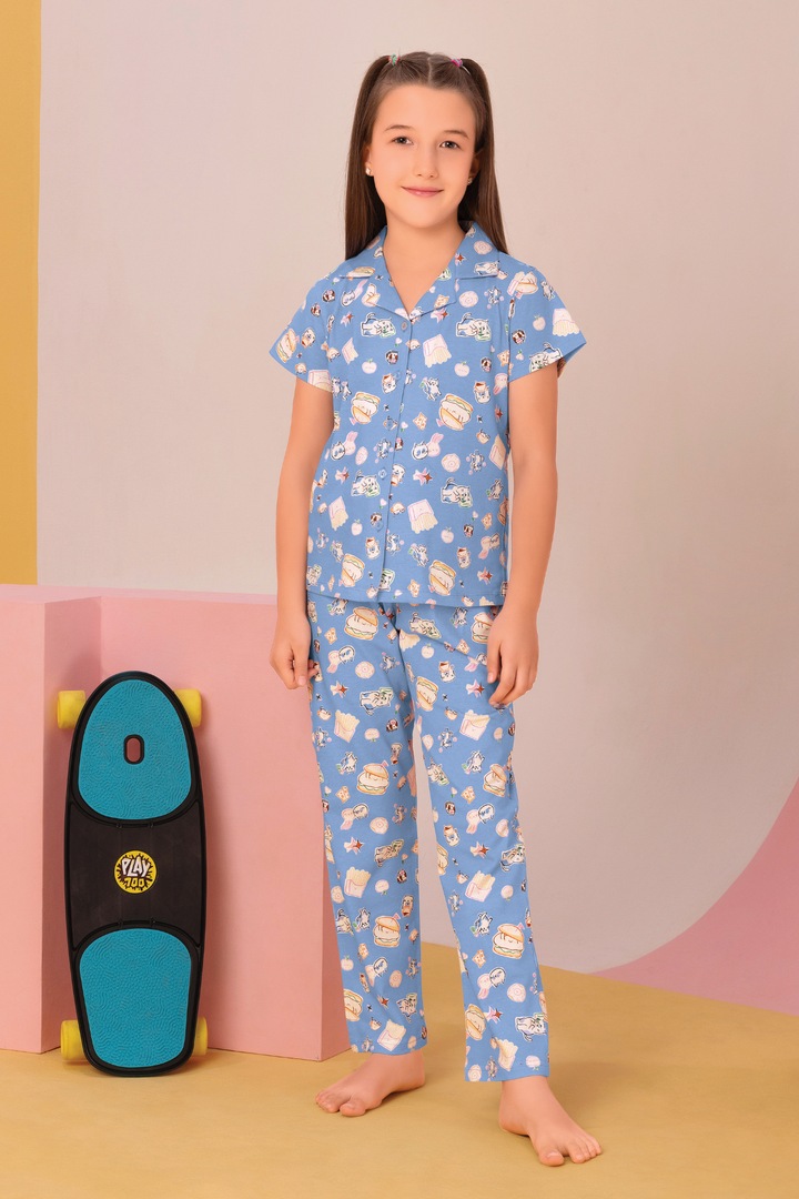 Soft Blue Collar And Pajama Set For Girls