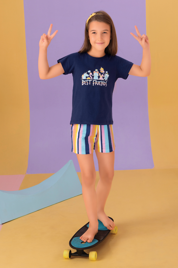 Navy Blue Striped Shorts Set For Girls