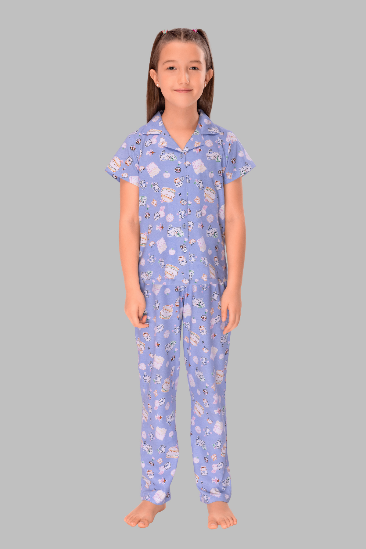 Soft Blue Collar And Pajama Set For Girls