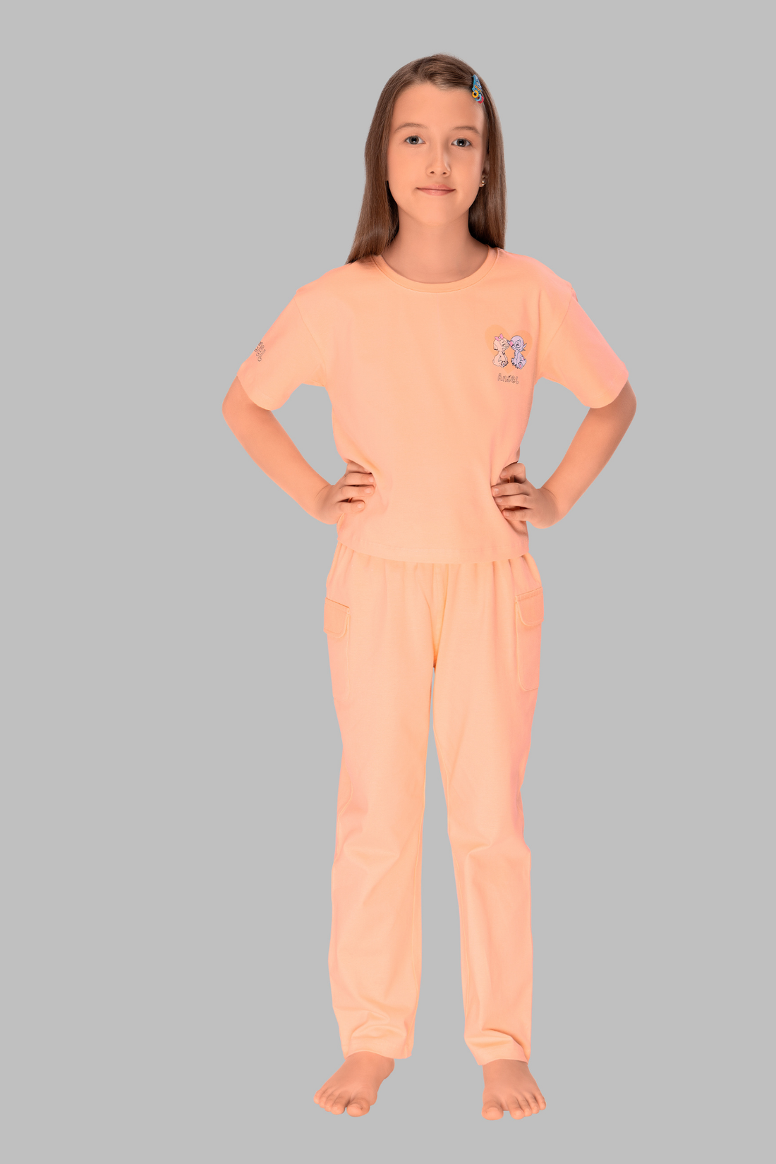 Pretty Kitty Peach Top Pajama Set For Girls