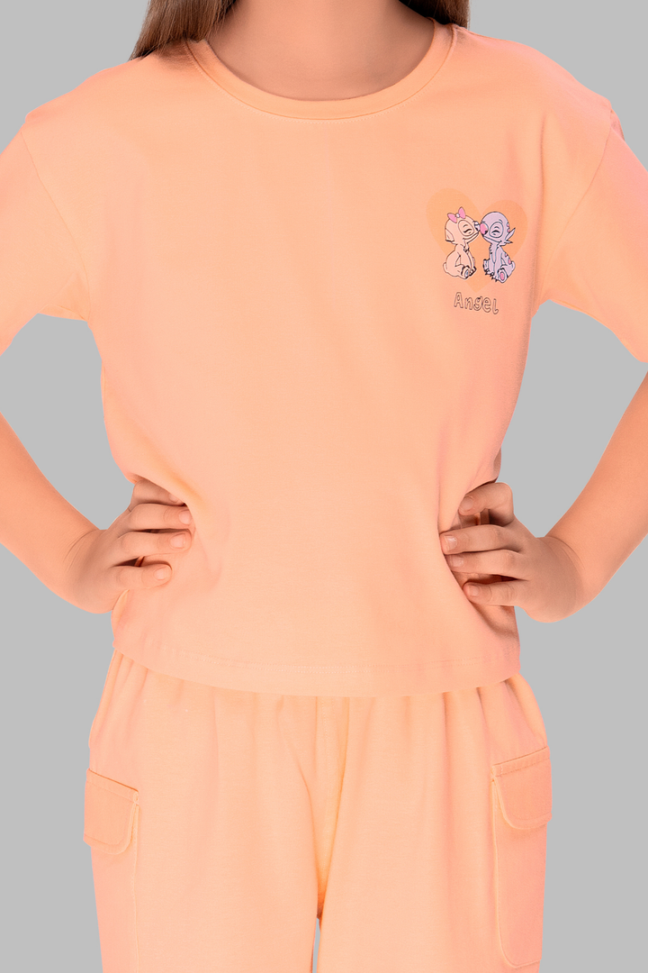 Pretty Kitty Peach Top Pajama Set For Girls PJ 25009