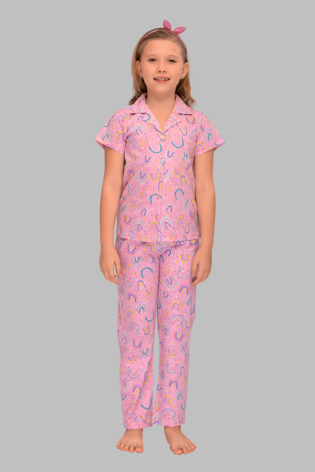 Pink Cute Rainbow Print Collar And Pajama Set For Girls