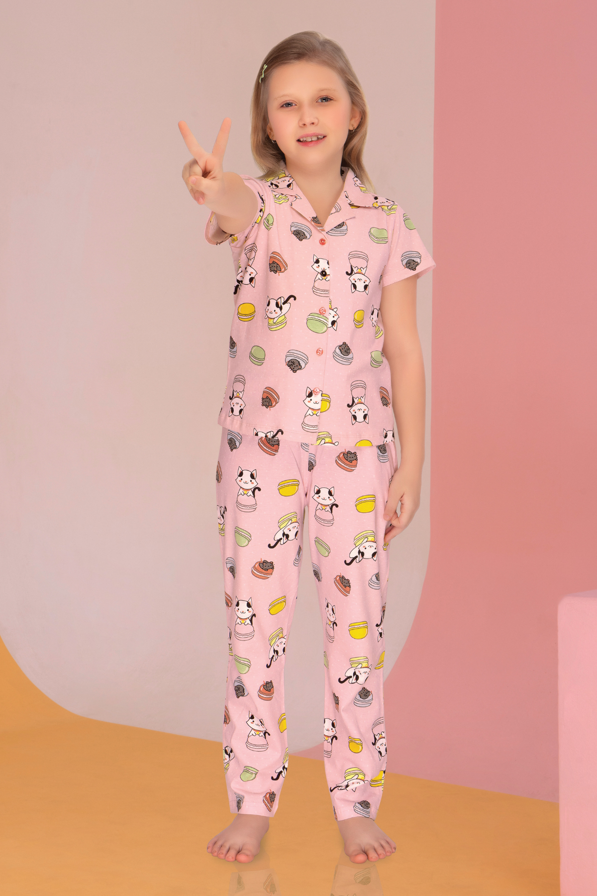 Pink Bun and Kitty Collar And Pajama Set for Girls