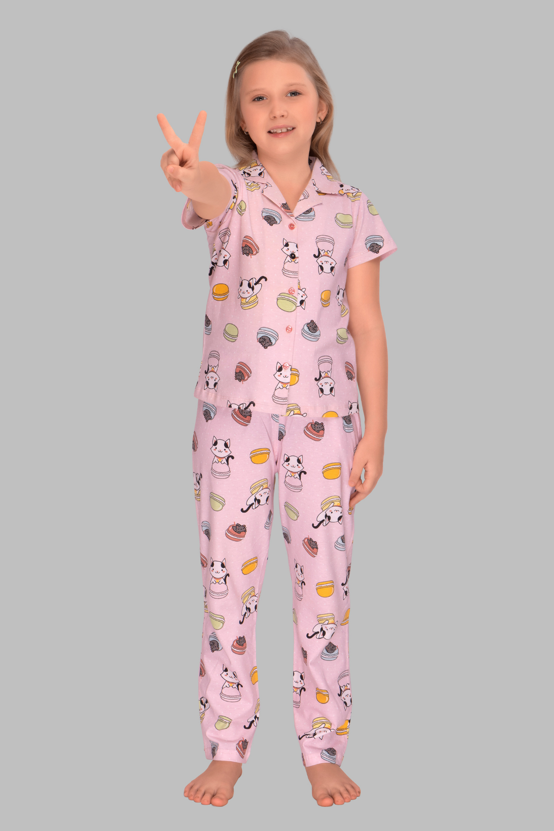 Pink Bun and Kitty Collar And Pajama Set for Girls