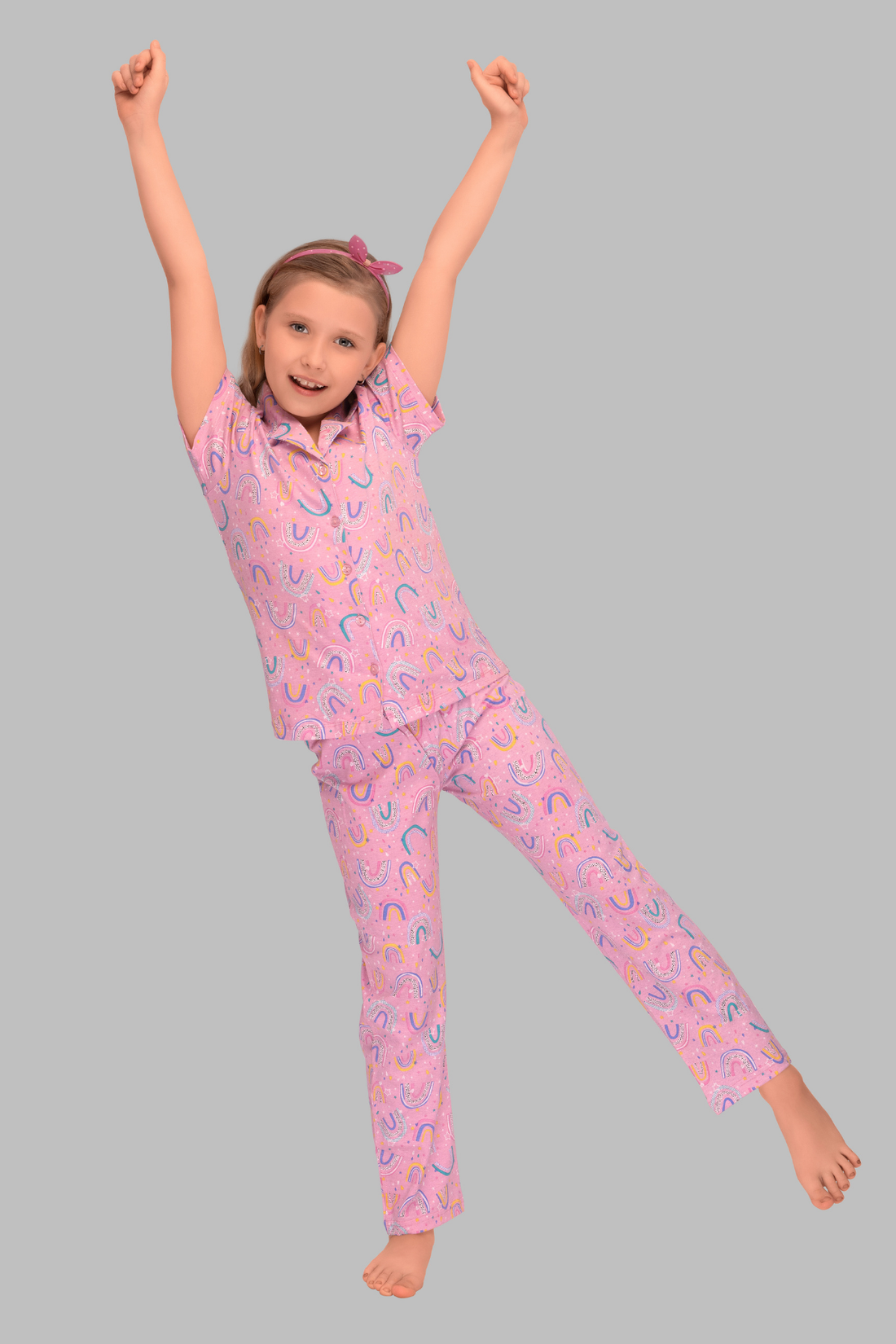Pink Cute Rainbow Print Collar And Pajama Set For Girls