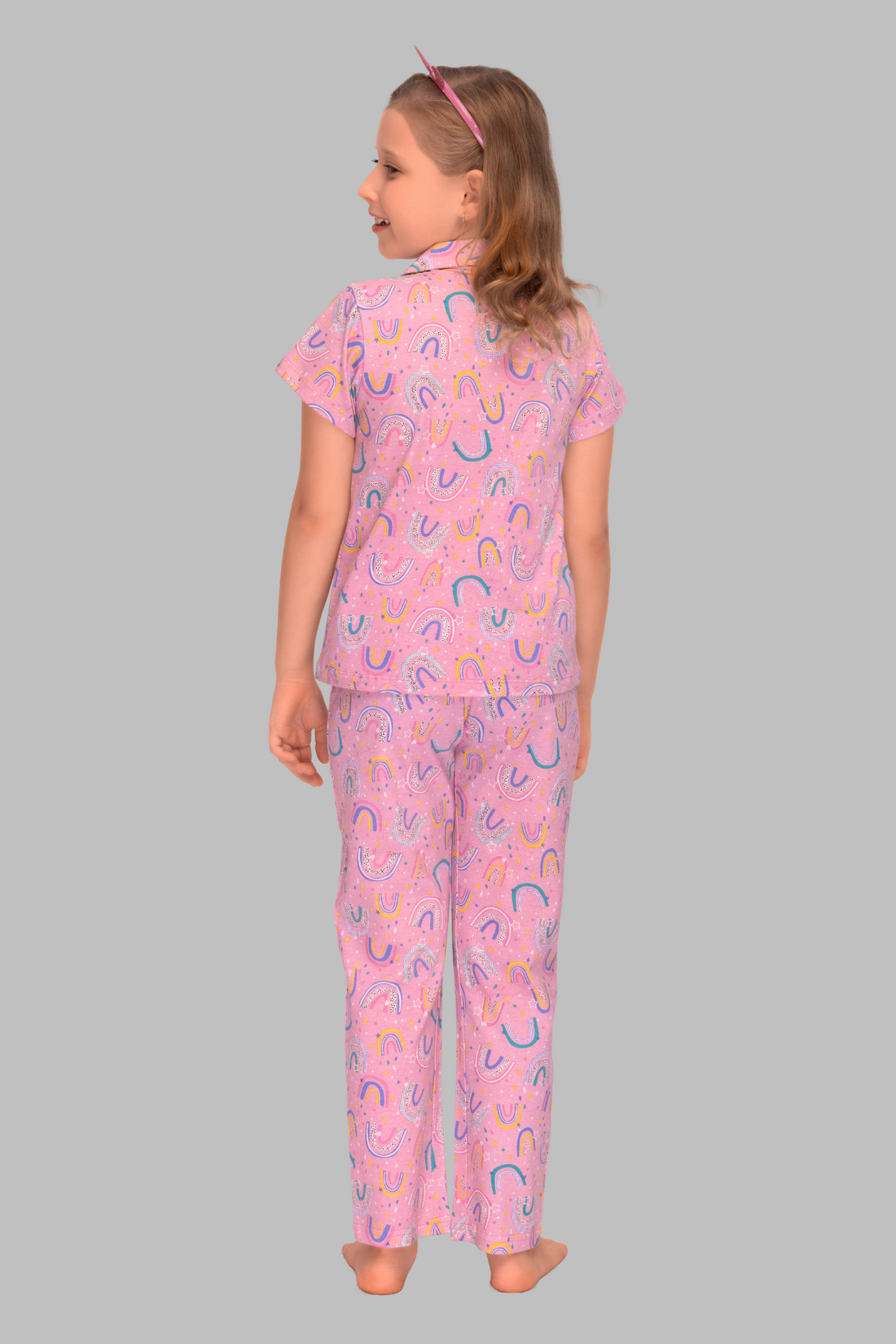 Pink Cute Rainbow Print Collar And Pajama Set For Girls