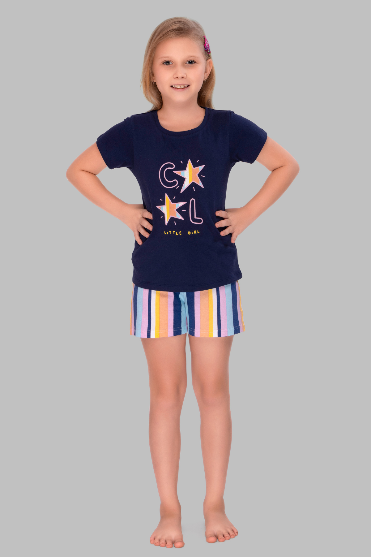 Navy Blue Striped Shorts Set For Girls SH 25037