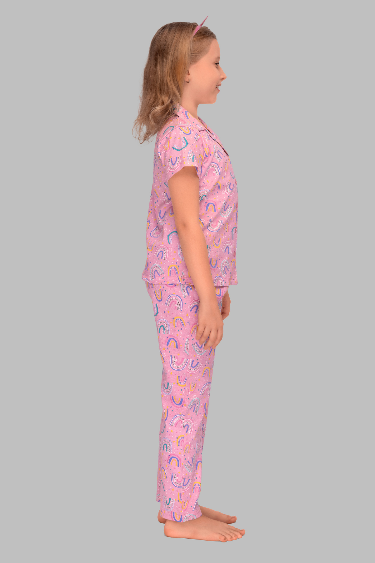 Pink Cute Rainbow Print Collar And Pajama Set For Girls