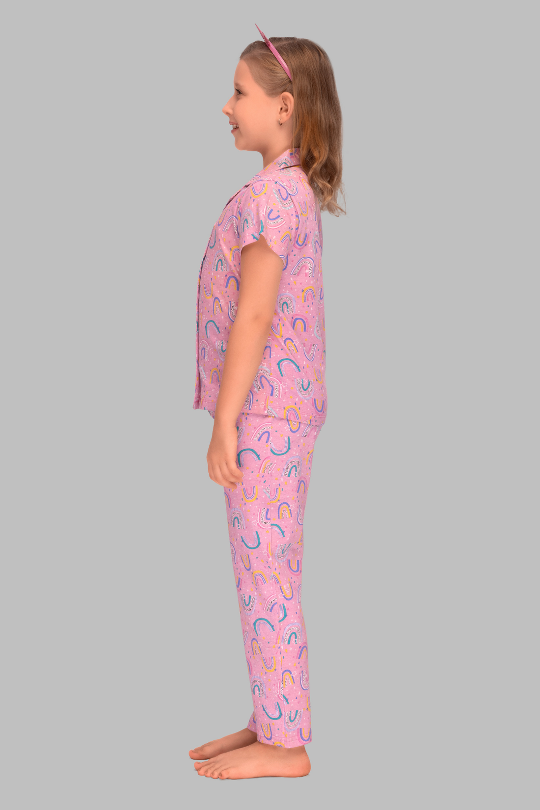Pink Cute Rainbow Print Collar And Pajama Set For Girls