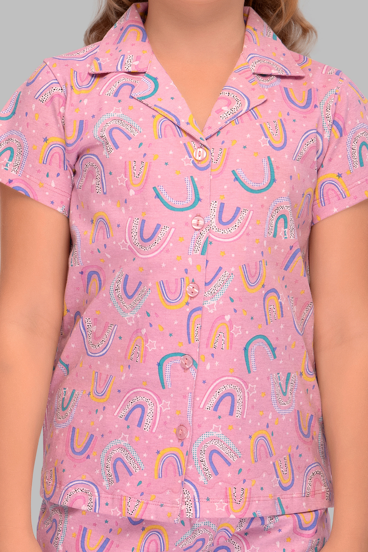 Pink Cute Rainbow Print Collar And Pajama Set For Girls