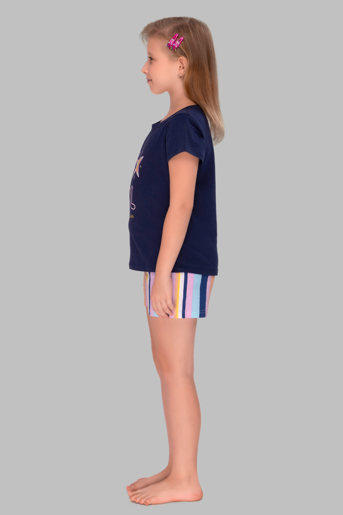 Navy Blue Striped Shorts Set For Girls