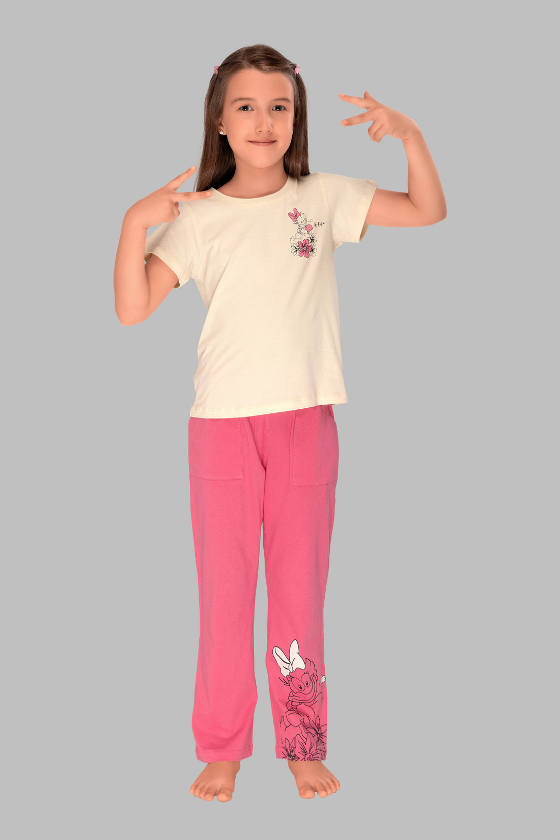 Off-White Duck Print Top with Contrast Pink Pajama Set for Girls