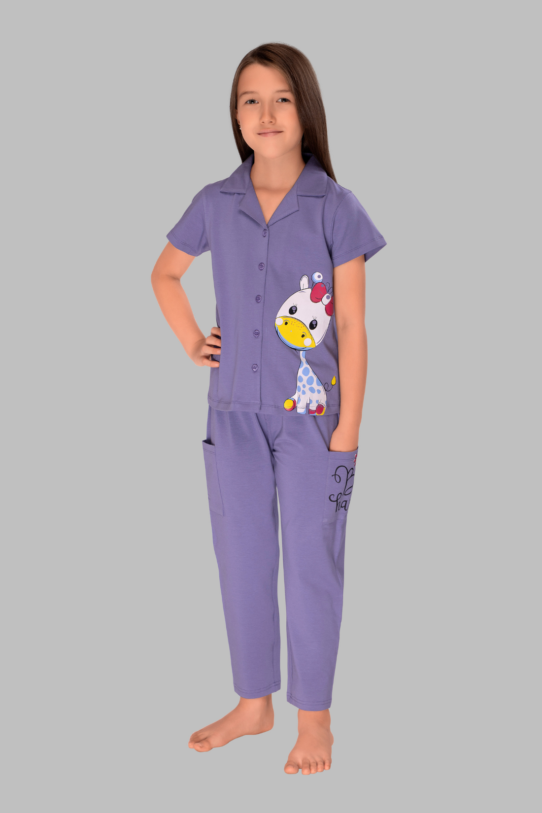 Playful Giraffe Print Collar And Pajama Set For Girls CL 25099