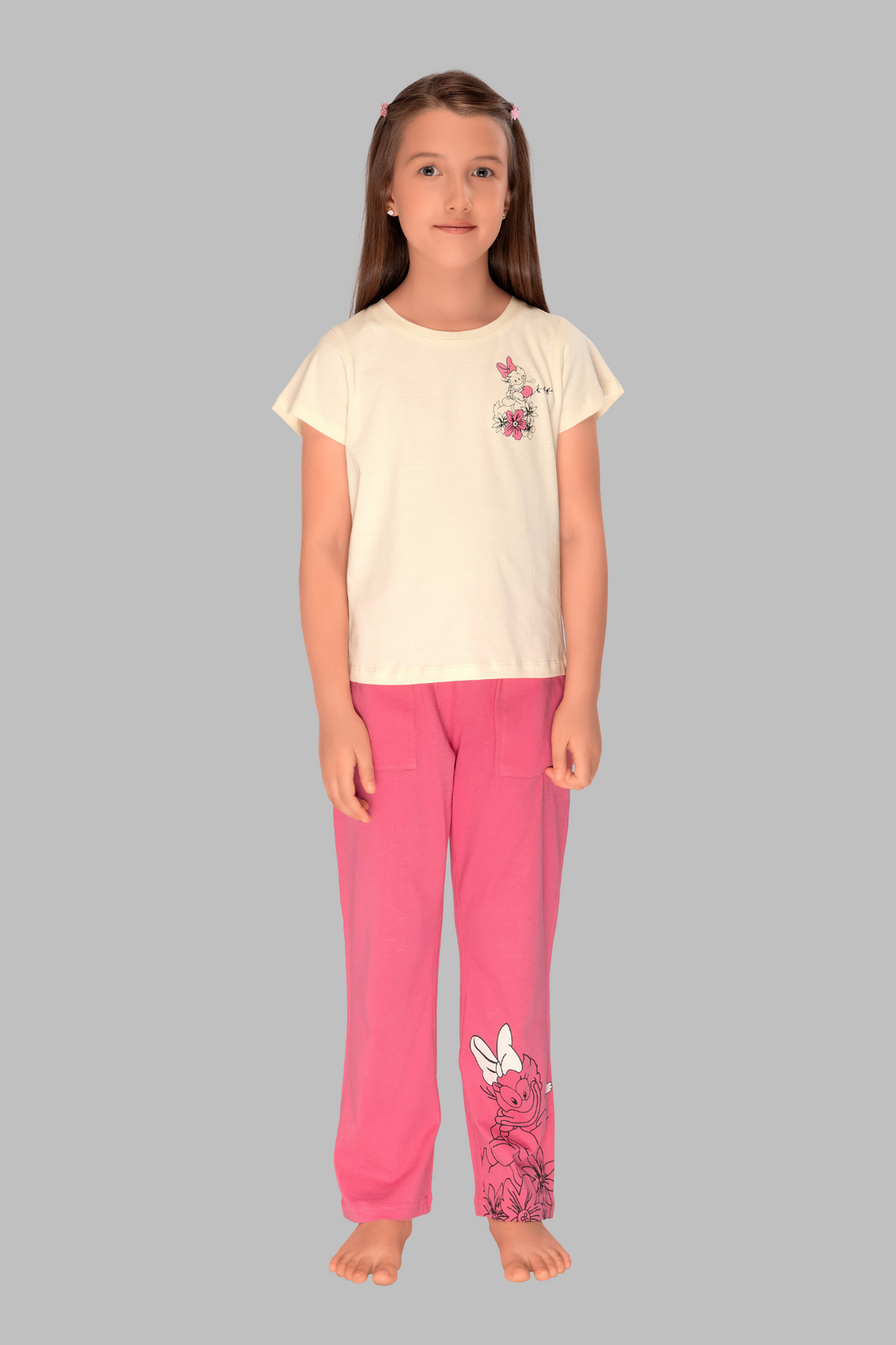 Off-White Duck Print Top with Contrast Pink Pajama Set for Girls