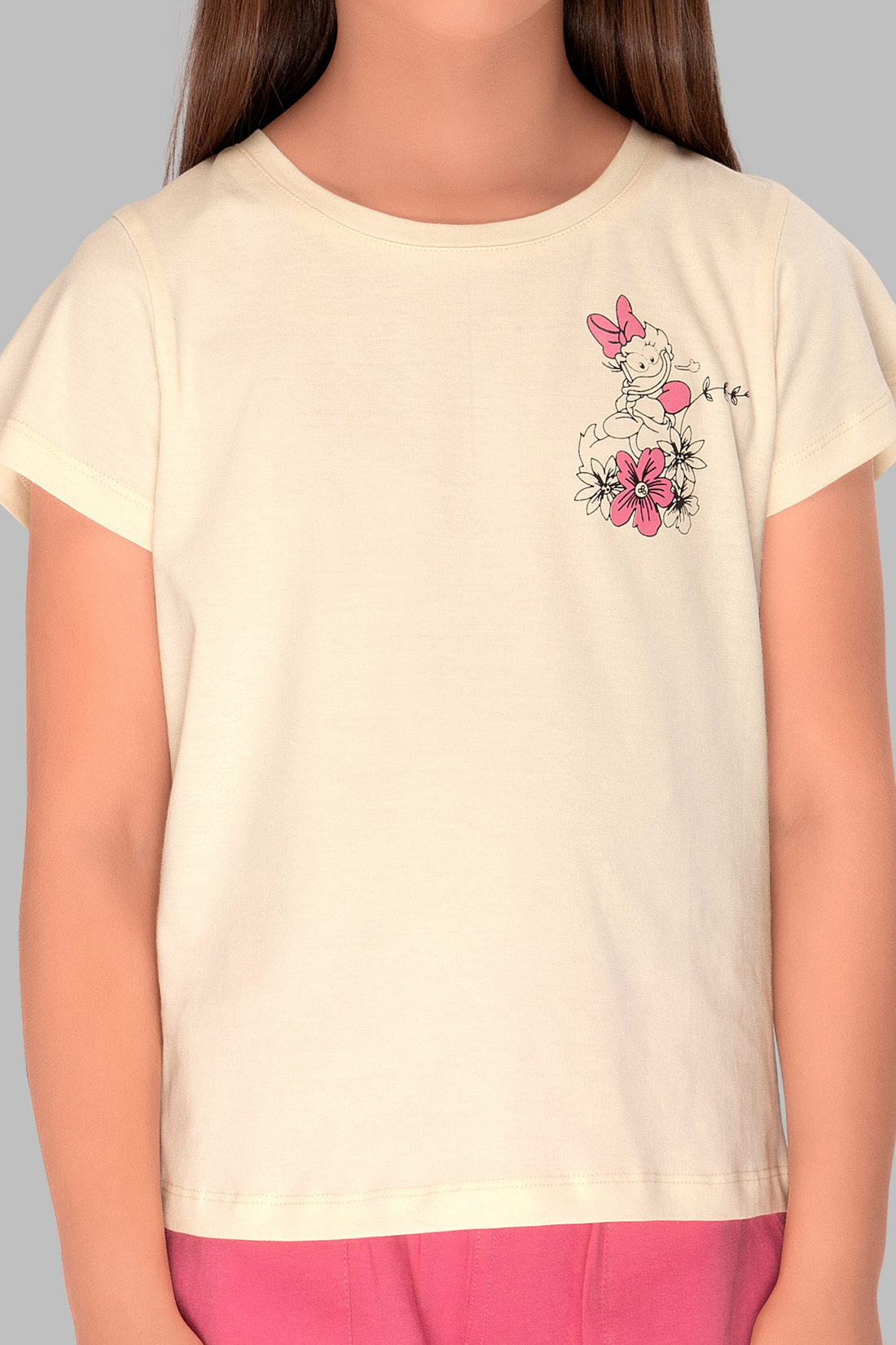 Off-White Duck Print Top with Contrast Pink Pajama Set for Girls PJ 25012