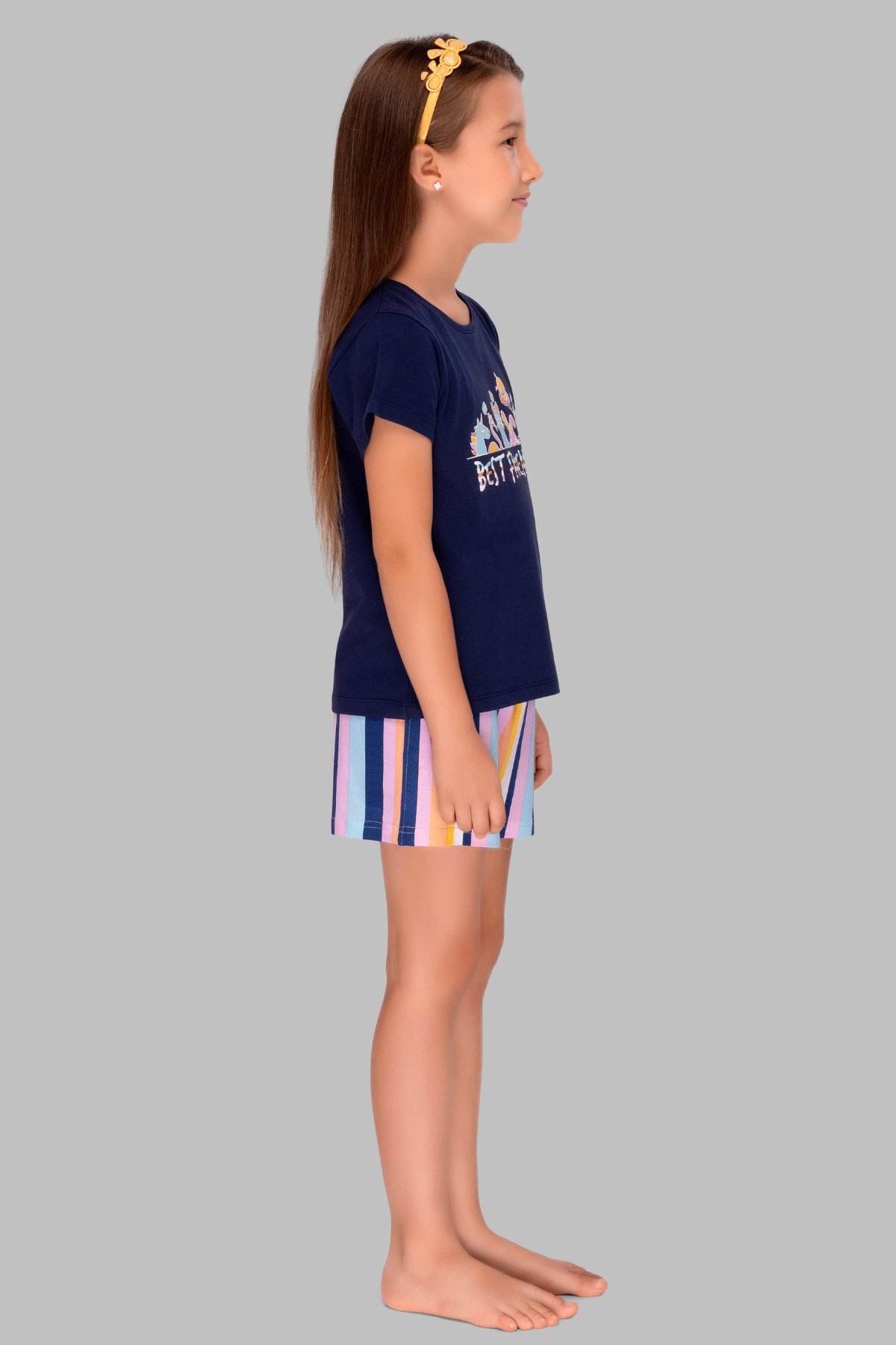 Navy Blue Striped Shorts Set For Girls