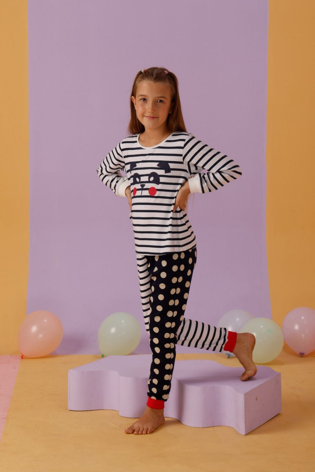 Polka Dot Stripes Cozy Nightsuits Top Pajama Set For Girls