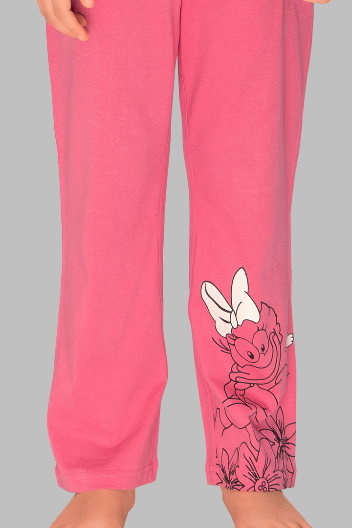 Off-White Duck Print Top with Contrast Pink Pajama Set for Girls