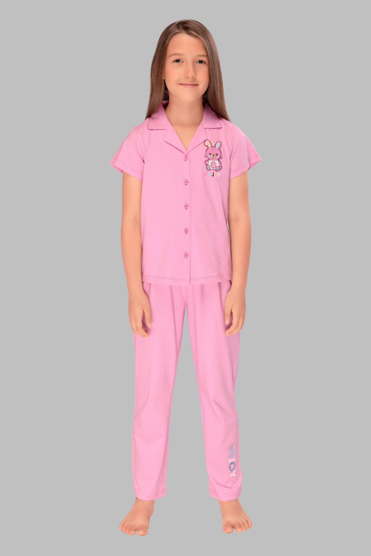 Teddy Print  Baby Pink Collar And Pajama Set For Girls