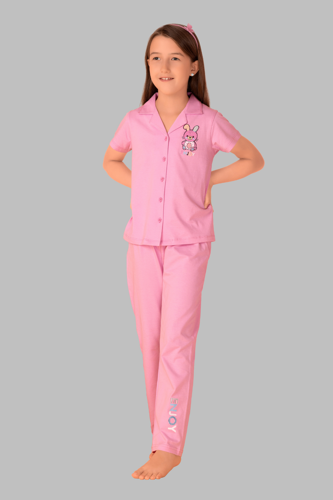 Teddy Print  Baby Pink Collar And Pajama Set For Girls