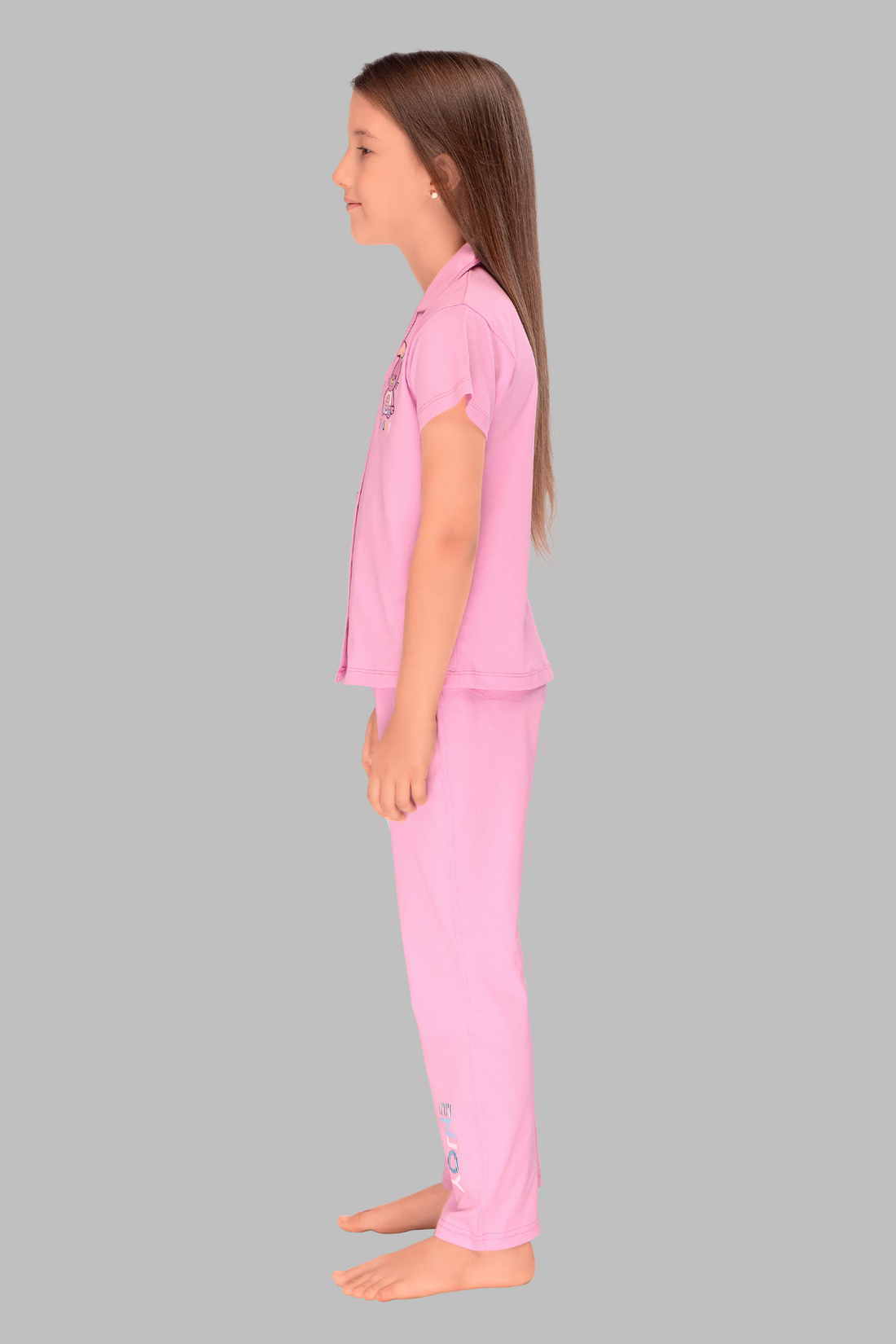 Teddy Print  Baby Pink Collar And Pajama Set For Girls